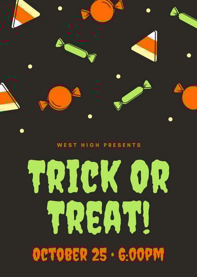 orange and neon green candy pattern trick or treat halloween flyer canva halloween flyers