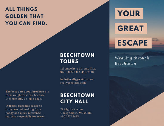 blue brown mountains landscape travel trifold brochure templates canva landscape flyer