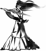 Black-and-white warrior wielding a sword